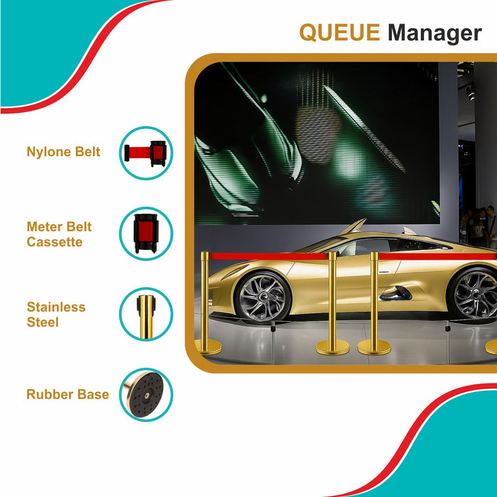 7 star DECOR Commercial Stainless Steel Golden Queue Manager with Retractable 5ft belt Set of 2 poles for VIP Entrace | Red Carpet | Banks (RED BELT)