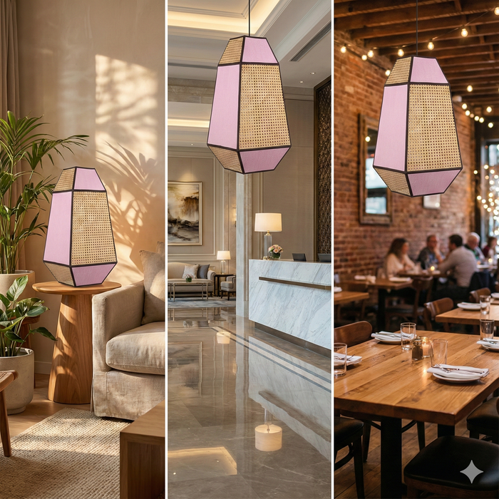 7 Star Decor Aurora Cane & Linen Pendant Lamp – Modern Boho Rattan Light Fixture