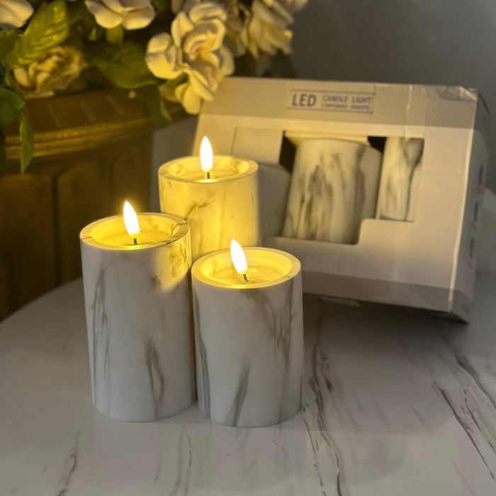 Marble Candle With Static Wick For Decor | Set Of 3 Pcs