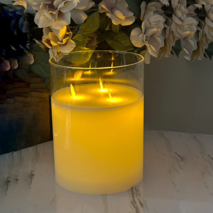LED Glass Triple Pillar Candle Real Wax For Decor at Living Room, Bedroom and Other Ones