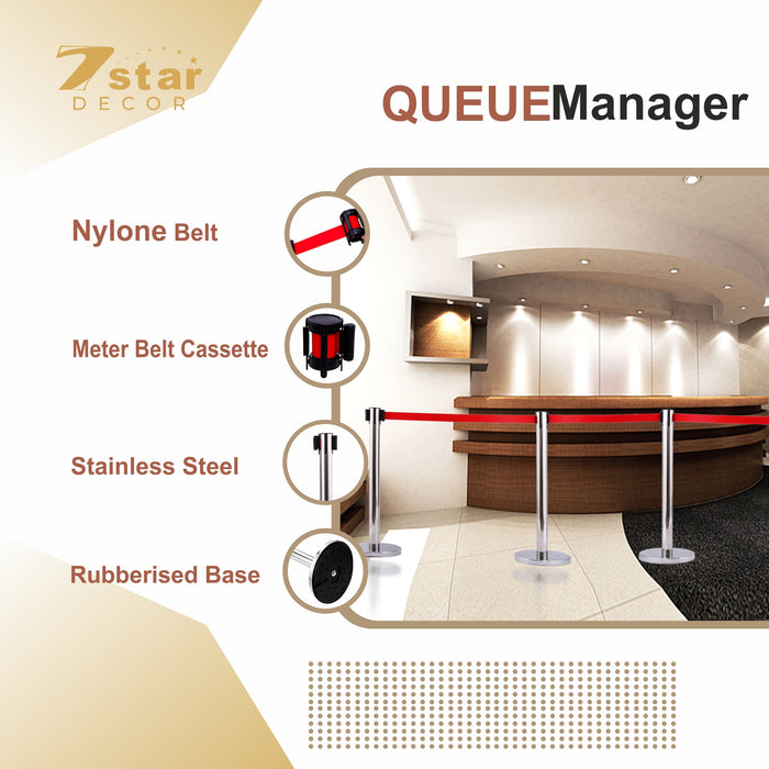 Stainless Steel Queue Manager With Red Belt | Set Of 2 Poles | Suitable For Commercial Places, Event, Restaurant, Hotel and  Others