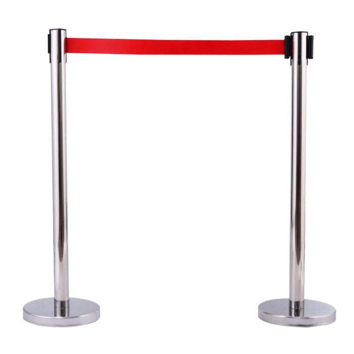 Stainless Steel Queue Manager With Red Belt | Set Of 2 Poles | Suitable For Commercial Places, Event, Restaurant, Hotel and  Others