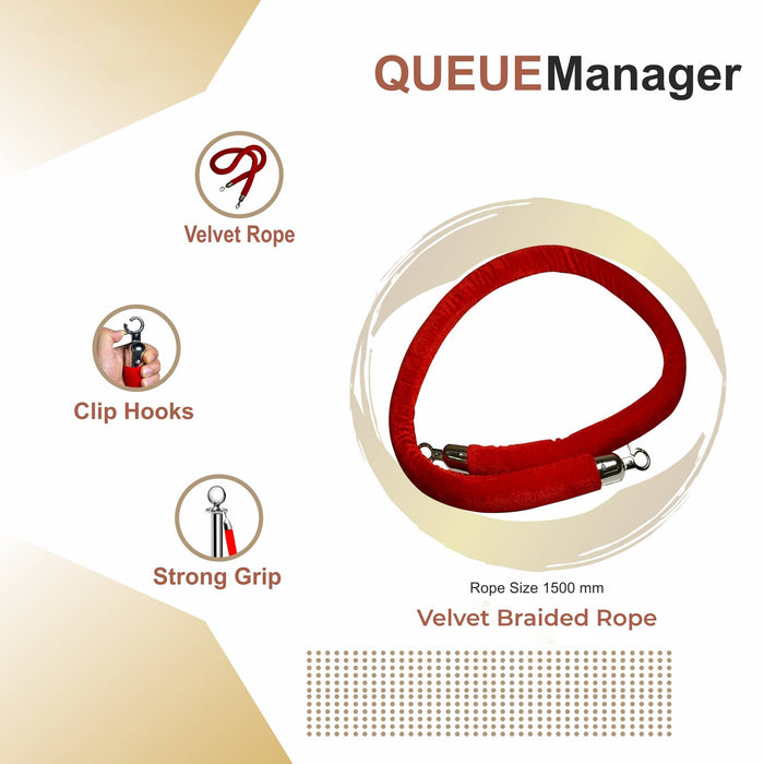 Velvet Braided Rope With Silver Knob Attached On Both Sides, Length 150 MM, Color (Red)