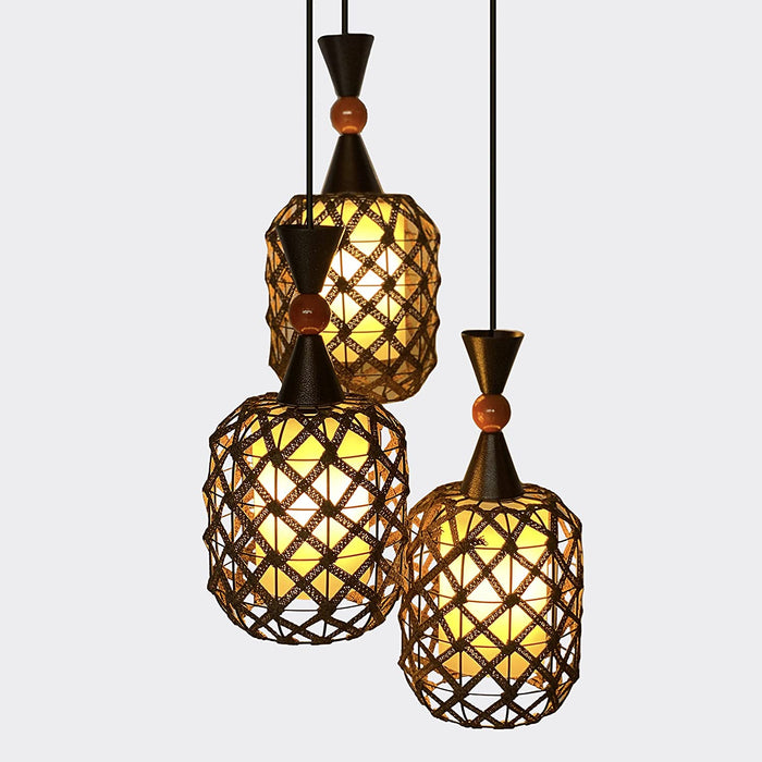 Contemporary Circular Cane Style 3 Lights Pendant Light | Color: Brown