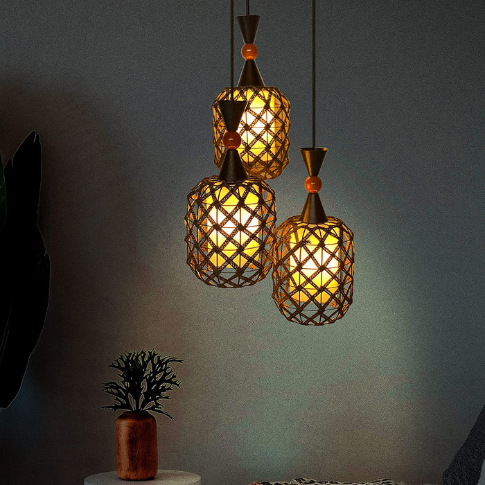 Contemporary Circular Cane Style 3 Lights Pendant Light | Color: Brown