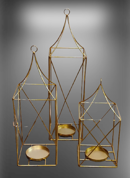 Gold Metal Lantern Candle Stand | Set Of 3 Pcs