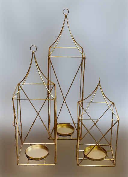 Gold Metal Lantern Candle Stand | Set Of 3 Pcs