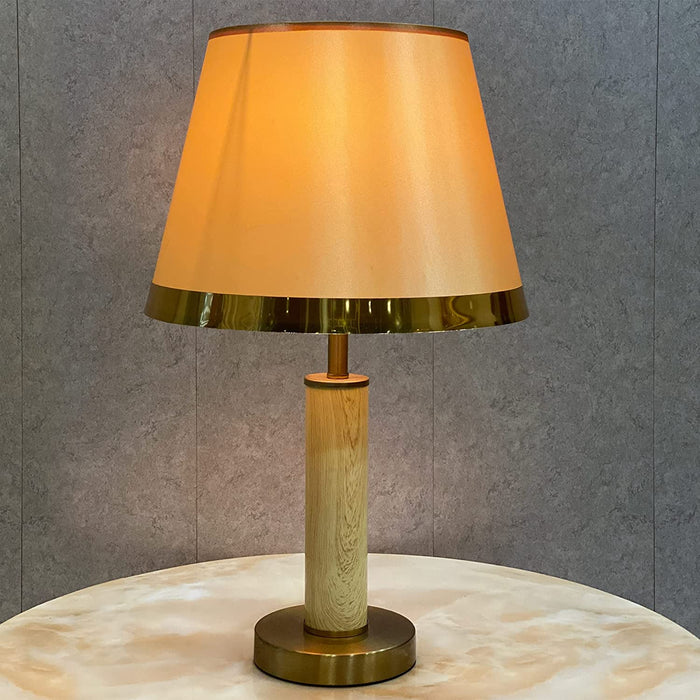 Gold Round Bedside Affluent Wood Finish Base Table Lamp for Bedroom