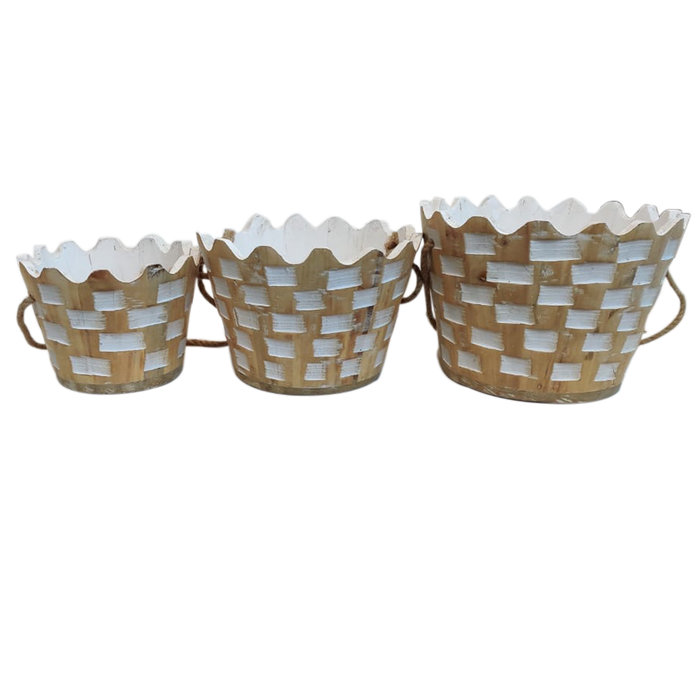 White With Gold Wood Hanging Basket | Set Of 3 Pcs