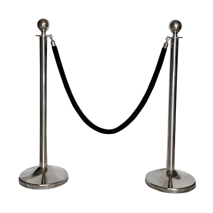 Stainless Steel Round Bollard Silver Set Of 2 Pole & Black Velvet Rope
