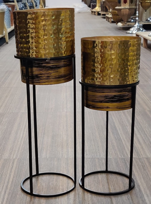 Gold Cylindrical Brass Planter With Long Stand