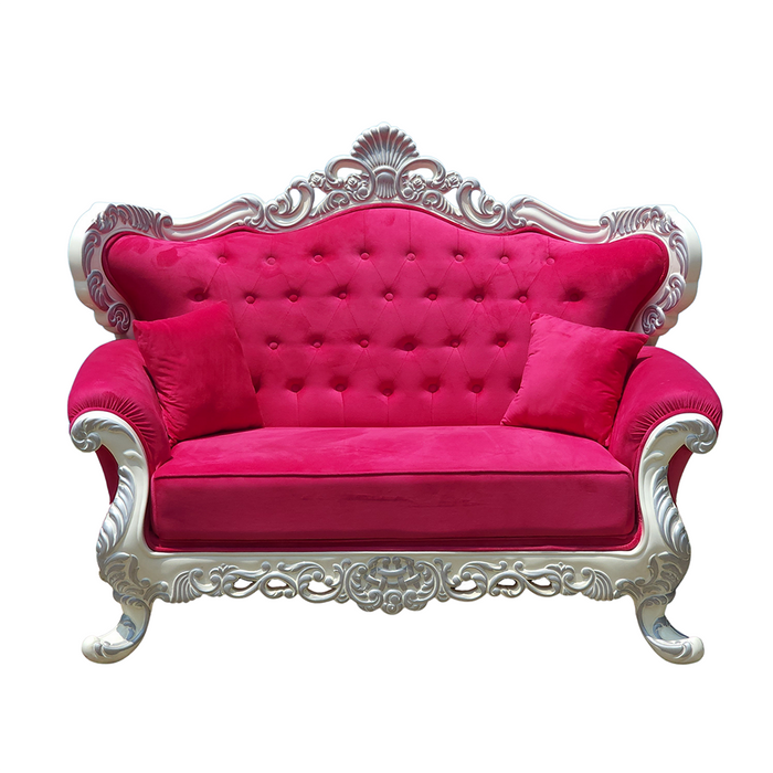 White Silver Sofa With Hot Pink Cloth For Wedding Decor